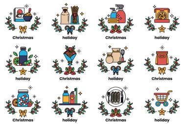 Noel eşyaları ve sanat tarzında tatiller kavramında bir dizi çizim.