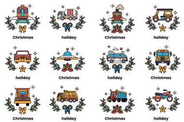 Araç konsepti ve Noel tatili konseptinde sanat tarzında bir çizim.