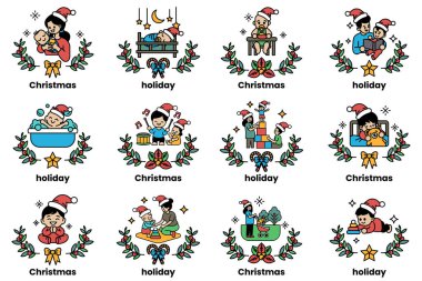 İnsanlar ve çocukların olduğu bir dizi Noel temalı resim.