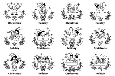 İnsanlar ve çocukların olduğu bir dizi Noel temalı resim.