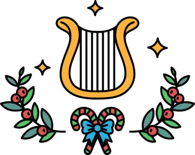 Fiyonklu ve yapraklı bir arp resmi. Arp bir yaprak çelengi ve bir şeker kamışı ile çevrilidir. Şenlik ve neşe kavramı