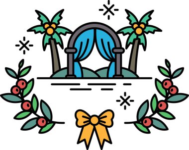 Arka planda palmiye ağaçları olan bir düğün kemerinin siyah beyaz çizimi. Kemer bir yaprak çelengi ve bir yay ile çevrilidir. Kutlama ve romantizm kavramı