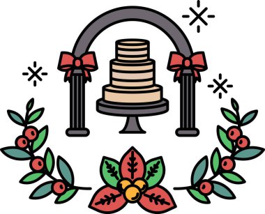 Üzerinde fiyonk olan bir pasta bir çiçek çelengiyle çevrilidir. Pasta bir düğün pastası ve çelenk de kutlamanın sembolü.