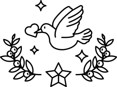 Bir kuş bir kalbi gagasında tutuyor. Kuş yapraklar ve yıldızlarla çevrilidir.