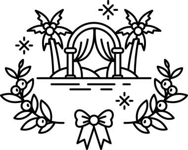 Arka planda palmiye ağaçları olan bir düğün kemerinin siyah beyaz çizimi. Kemer bir yaprak çelengi ve bir yay ile çevrilidir. Kutlama ve romantizm kavramı