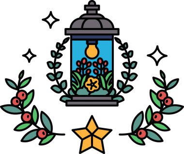 Yıldızlı ve yapraklı bir fenerin siyah beyaz çizimi. Fener yapraklardan bir çelenkle çevrili.