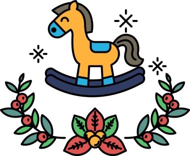 Bir at sallanan atın üzerinde oturuyor. At gülümsüyor ve sallanan at yapraklarla süslenmiş.