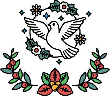 Çiçekli arka planı olan bir kuşun siyah beyaz çizimi. Kuş bir güvercin ve arka planda yapraktan bir çelenk var. Barış ve sükunet kavramı