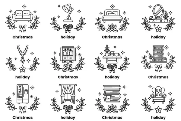 Mobilya ve Noel tatili kavramının sanat tarzında bir çizimi.