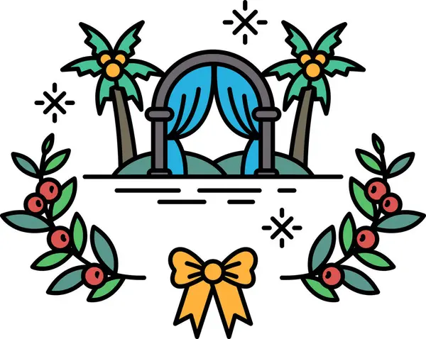 Arka planda palmiye ağaçları olan bir düğün kemerinin siyah beyaz çizimi. Kemer bir yaprak çelengi ve bir yay ile çevrilidir. Kutlama ve romantizm kavramı