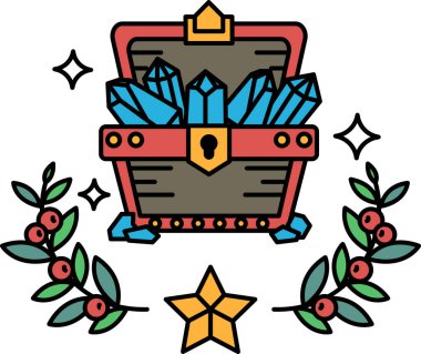 Anahtarı ve kilidi olan bir hazine sandığının siyah beyaz çizimi. Sandık kristallerle dolu ve yapraklarla çevrili. Sahne gizemli ve maceralı.