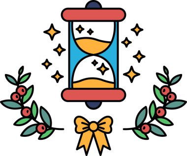 Etrafında beyaz kurdele olan siyah beyaz bir saat çizimi. Kurdele bir fiyonka bağlanmış ve saat 10: 00 'a ayarlanmış. Çizimlerin tuhaf ve eğlenceli bir havası var.