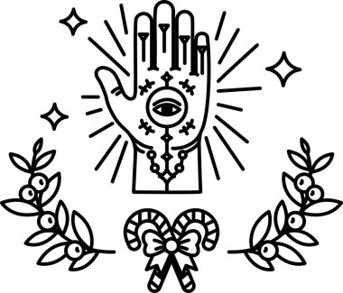 Ortasında bir göz olan bir el. Elim yapraklar ve yaylarla çevrili.