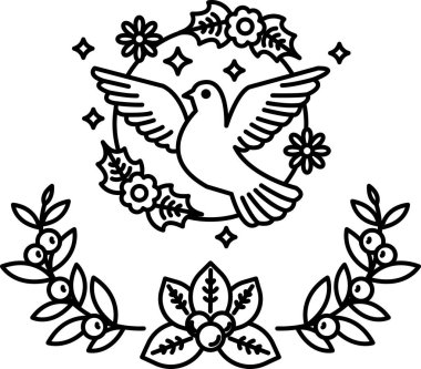 Çiçekli arka planı olan bir kuşun siyah beyaz çizimi. Kuş bir güvercin ve arka planda yapraktan bir çelenk var. Barış ve sükunet kavramı