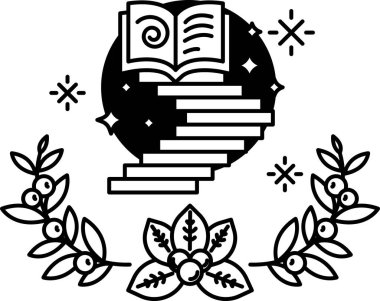 Kapağında spiral olan bir kitap. Kitap bir yaprak çelengiyle çevrili.