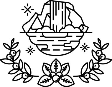 Yaprak çelengi ile çevrili bir şelalenin siyah beyaz çizimi. Huzur ve doğal güzellik kavramı