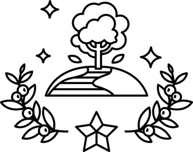 Bir ağaç yapraklardan bir çelenk ve bir yıldızla çevrilidir. Ağaç bir tepede ve çelenk de yerde.