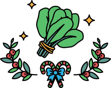 Bir demet yeşillik ve Noel çelengi. Yeşiller bir iple birbirine bağlanır ve çelenk bir yayla süslenir. Çizimler tazelik hissi veriyor.