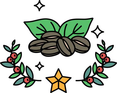 Kahve çekirdeği ve yapraklarının siyah beyaz çizimi. Kahve çekirdekleri yaprakların etrafına saçılmış ve yapraklar bir çelenk içinde düzenlenmiş. Tazelik ve doğal güzellik kavramı