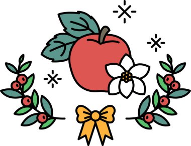 Bir elma ve bir çiçeğin siyah beyaz çizimi. Elma yapraklar ve bir yayla çevrilidir.