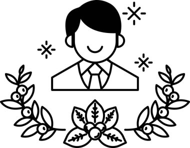 Bir adam gülümsüyor ve kravat takıyor. Etrafı yapraklar ve meyvelerle çevrili. Mutluluk ve pozitiflik kavramı