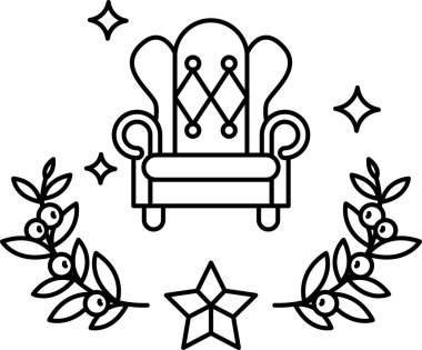 Bir sandalye siyah beyaz bir şekilde çizilir. Sandalye yapraklardan bir çelenk ve bir yıldızla çevrilidir. Sandalye görüntünün ana odak noktasıdır ve çelenk ve yıldız dekoratif bir dokunuş ekler.