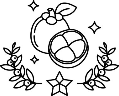 Yapraklı bir meyve çizimi. Meyve mangodur.