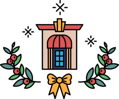 Etrafında yay ve yapraklar olan bir binanın siyah beyaz çizimi. Bina bir otel ve fiyonk da kutlamanın sembolü.