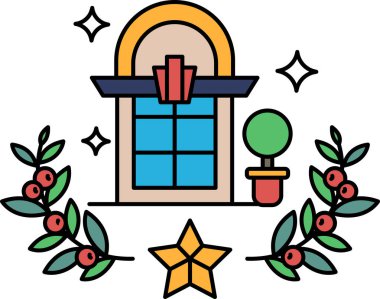 Penceresi ve bitkisi olan bir evin siyah beyaz çizimi. Bu çizimin kendine has bir havası var ve yapraklar ve bir yıldızla süslenmiş.