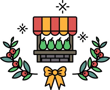 Üzerinde fiyonk olan bir meyve tezgahının siyah beyaz çizimi. Meyve standı armut ve elmalarla dolu.