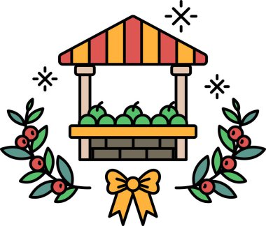 Üzerinde fiyonk olan bir meyve tezgahının siyah beyaz çizimi. Meyve tezgahı yapraklarla çevrili ve üzerinde elmalar var.