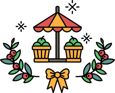 Kubbeli ve fiyonklu bir meyve tezgahının siyah beyaz çizimi. Sıcaklık ve rahatlık kavramı, izleyiciyi gölgeliğin altında oturup taze meyvenin tadını çıkarmaya davet ediyor.