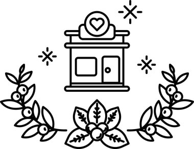 Üzerinde kalp olan bir binanın siyah beyaz çizimi. Bina yapraklardan bir çelenkle çevrili.