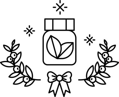 Bir kavanoz ot bir yaprak çelengiyle çevrilidir. Kavanoz bitkilerle dolu ve yapraklar yeşil.