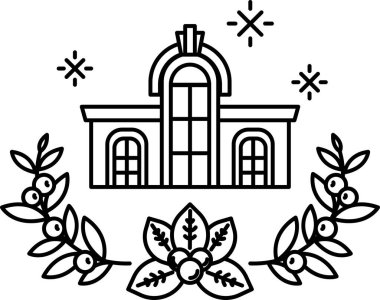 Büyük kemerli ve küçük pencereli bir bina. Bina yapraklardan bir çelenkle çevrili.