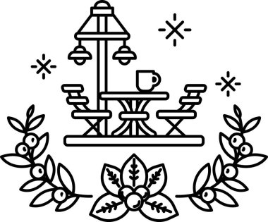 Masa ve sandalyeli bir verandanın siyah beyaz çizimi. Masanın üzerinde bir fincan var.