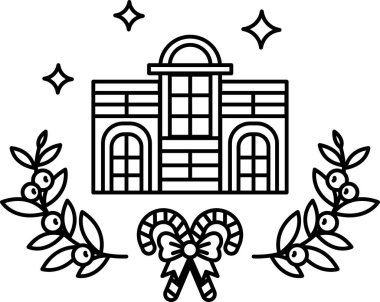 Görüntü bir çelenk ve iki şeker kamışı olan bir binanın siyah beyaz çizimi. Bina bir kilise gibi görünüyor ve çelenk ve şeker kamışları da Noel için uygun.