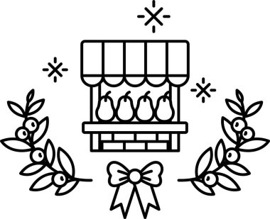 Üzerinde fiyonk olan bir meyve tezgahının siyah beyaz çizimi. Meyve standı armut ve elmalarla dolu.