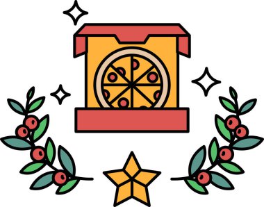 İçinde pizza olan bir pizza kutusu. Pizza dilimlere bölündü. Kutu yapraklı bir arka plana yerleştirilir.