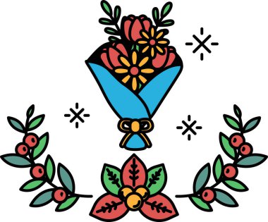 Mavi bir kağıda sarılmış bir buket çiçek. Çiçekler sarı, kırmızı ve yeşildir.