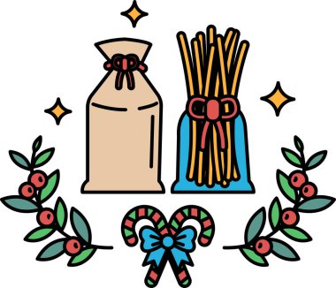 İçinde bir torba erişte ve şeker olan bir Noel ağacı çizimi. Erişte torbası kırmızı kurdeleyle bağlanmış ve şeker torbası mavi kurdeleyle bağlanmış.