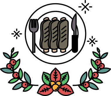 Üzerinde çatal ve bıçak olan bir tabak kaburga. Tabak yapraklar ve böğürtlenlerle süslenmiş.