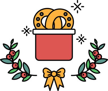 Üzerinde fiyonk ve içinde donut olan kırmızı bir kutu. Çörekler at nalı şeklinde.