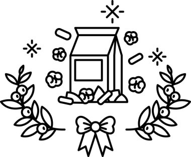 Üzerinde fiyonk olan bir kutunun siyah beyaz çizimi. Kutu bir şeyle dolu, ama ne olduğu belli değil. Çizim, bir çelenkle süslendiği için şenlikli ve kutlama havasına sahip.