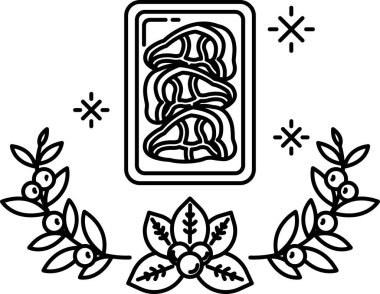 Yapraklı bir et tepsisinin siyah beyaz çizimi. Et küçük parçalara ayrılır ve iştah açıcı bir şekilde düzenlenir. Yapraklı kenar biraz tazelik katıyor.