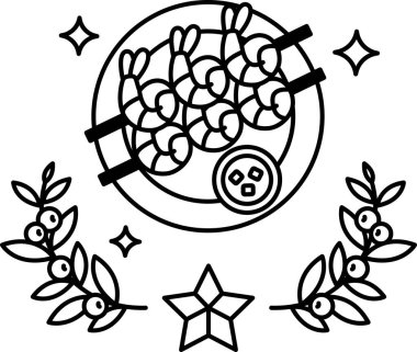 Karides ve soslu bir tabak yemek. Tabak yapraklardan bir çelenkle çevrili.