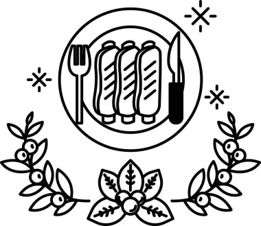 Üzerinde çatal ve bıçak olan bir tabak yemek. Tabak yapraklardan bir çelenkle çevrili.