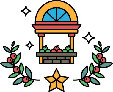 Yıldızlı ve yapraklı bir meyve standı çizimi. Meyve tezgahı yapraklardan bir çelenkle çevrili.