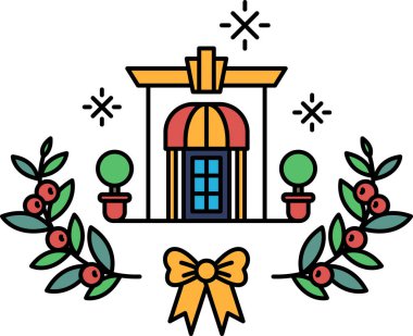 Kırmızı ve sarı tenteli ve yeşil yayı olan bir otel. Otel yeşil yapraklı bir çelenkle çevrili ve binanın etrafına yerleştirilmiş birkaç saksı bitkisi var.