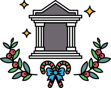 Büyük kemerli bir bina ve arka planda küçük bir bina. Binanın etrafı yapraklar ve şeritlerle çevrili.